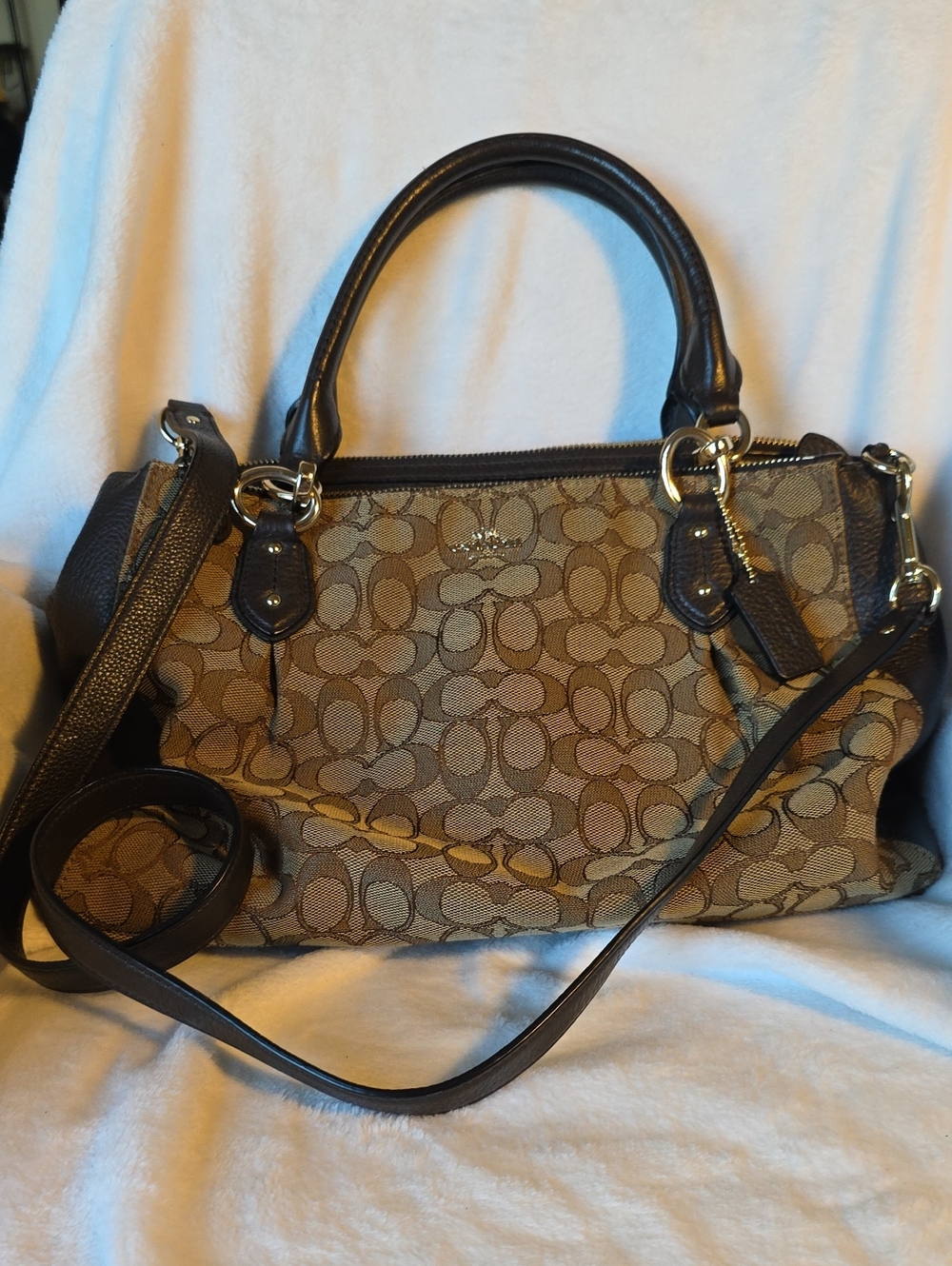 Coach Brown Khaki Signature Satchel with Dark Brown Trim